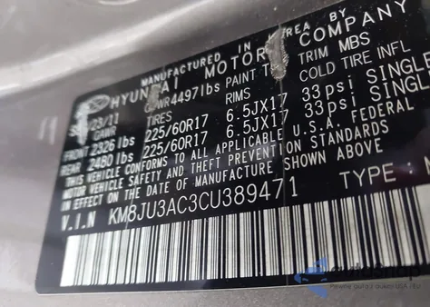 2012 Hyundai Tucson Gls z USA, uszkodzony, nr VIN KM8JU3AC3CU389471